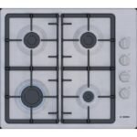 Bosch Table de cuisson plaque à gaz encastrable 60cm inox 4 Feux avec sécurité thermocouple avec bandeau latéral grilles en fonte renforcée