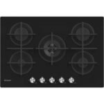 Candy table de cuisson plaque à gaz encastrable en verre noir grilles en fonte 5 feux sécurité intégré 75cm