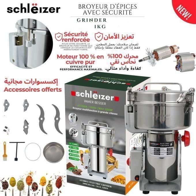 1 (40) schlëizer Moulin à épices broyeur professionnel Haute vitesse multifonctions broyeur d'herbe Électrique 1,5 KG en acier inoxydable à six lames moteur 100% cuivre très puissant 3200W système de sécurité – Image 1