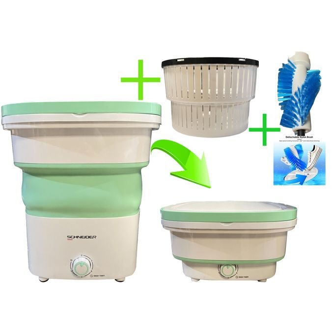 1 (60) Schneider Mini machine à laver pliable portable de haute qualité 1,8kg + Panier d'essorage + brosse pour chaussure , couleur vert – Image 1