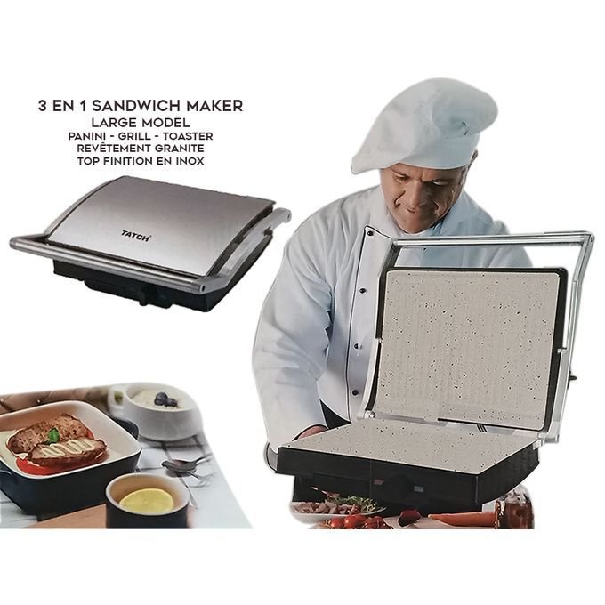 1 (82) TATCH Panini Grill 3en1 Inox revêtement céramique Antiadhésif 1800w Ouvrable 180° – Image 1