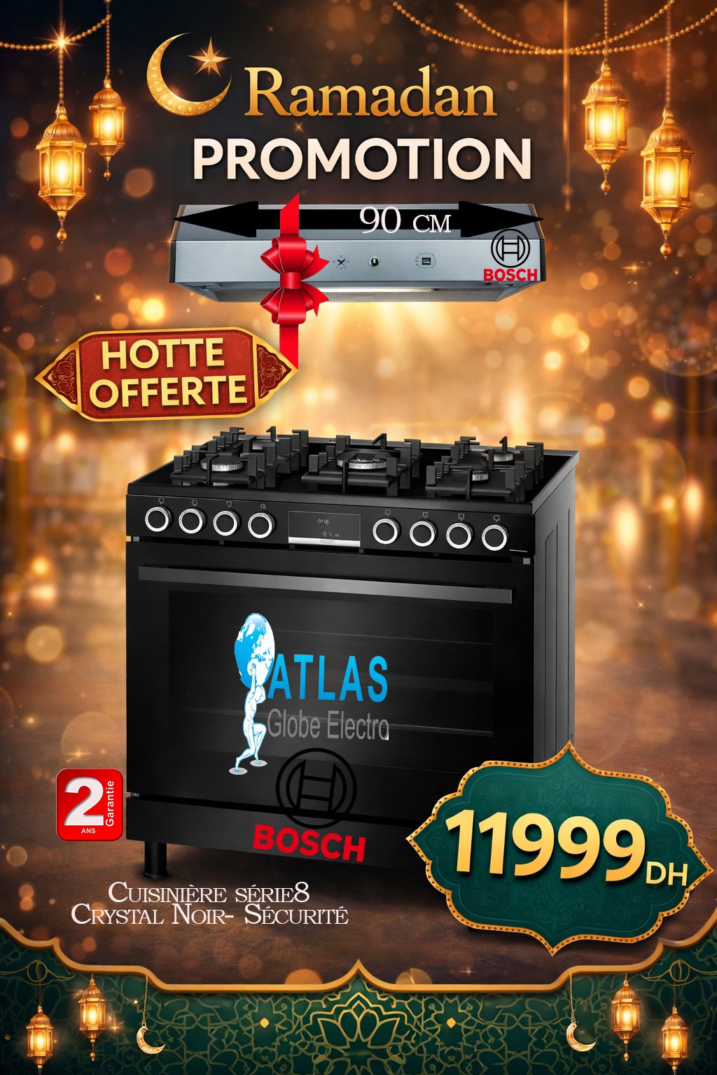 BOSCH CUISINIERE NOIR BOSCH Pack Cuisinière en verre noir Série8 + Hotte 90cm inox – Image 1