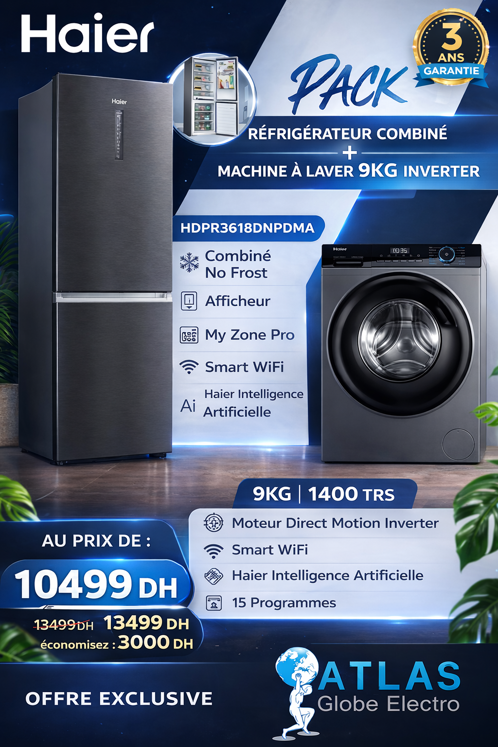 PACK HAIER HAIER Pack de Réfrigérateur combiné + Machine à laver 9kg 1400 Trs Inverter – Image 1