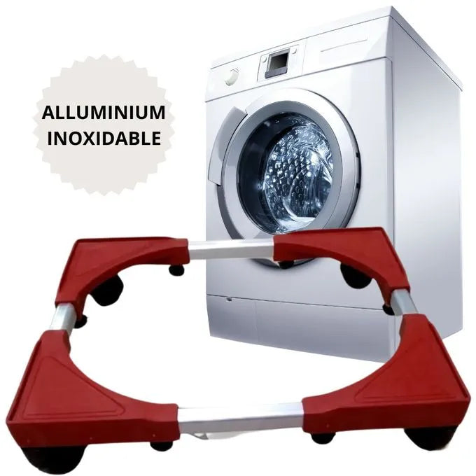 SocleMachineaLaver4RoulettesVerrouillables-SupportRefrigerateur Support machine à laver/lave vaisselle en aluminium/plastique du coin renforcé réglable 62x52cm avec fixation – Image 1