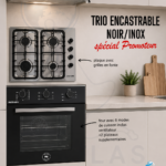 UNIONAIRE TRIO encastrable Noir Four (6 fonctions) + Plaque à gaz ( grilles en fonte) + Hotte inox 60