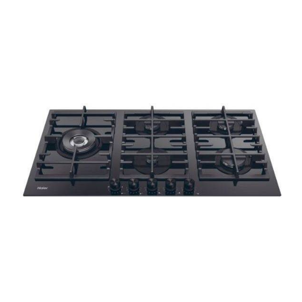 plaque-90cm-fonte-havg9wl38wpb HAIER PLAQUE A GAZ ENCASTRABLE 90CM VERRE NOIR 5F 1LATERAL FONTE SECURITE SERIE6 – Image 1