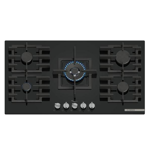 plaque-de-cuisson-gaz-bosch-90-cm-5-foyers-bruleur-wok-flameselect-verre-noir-encastrable-ppq9a6i40 BOSCH PLAQUE A GAZ ENCASTRABLE NEW 90CM VERRE NOIR 5F SERIE6 FONTE FLAME SELECT – Image 1