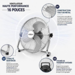 schlëizer Ventilateur de sol métallique 16" avec socle 3 vitesses pour usage domestique et professionnel – Image 2